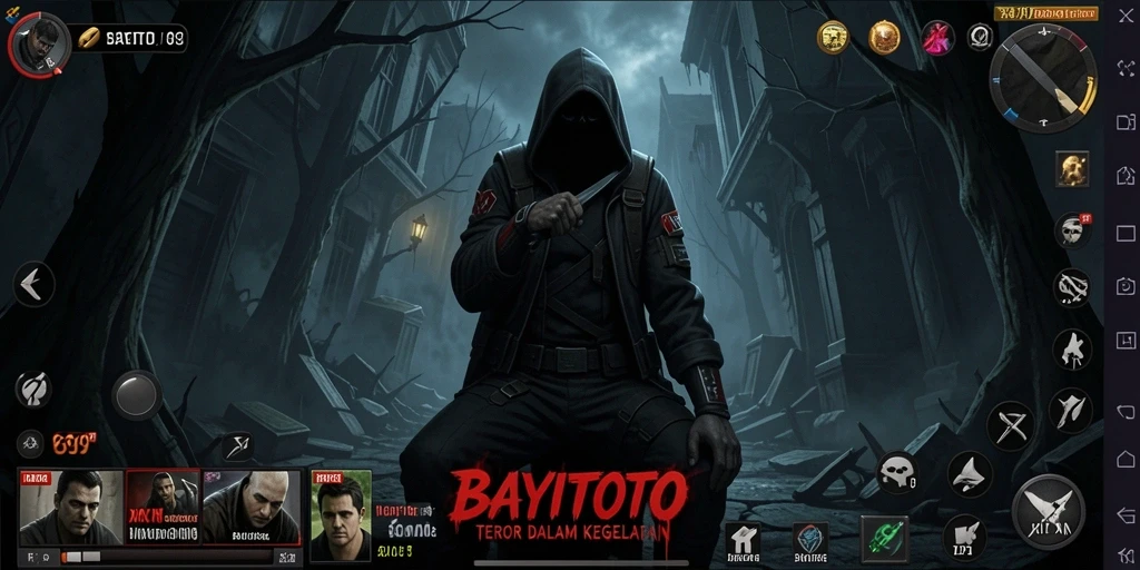 Screenshot gameplay BAYITOTO dengan suasana mencekam dan makhluk menyeramkan.