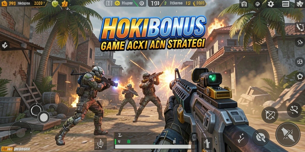 Tangkapan layar HOKIBONUS menampilkan aksi tembak-menembak seru.
