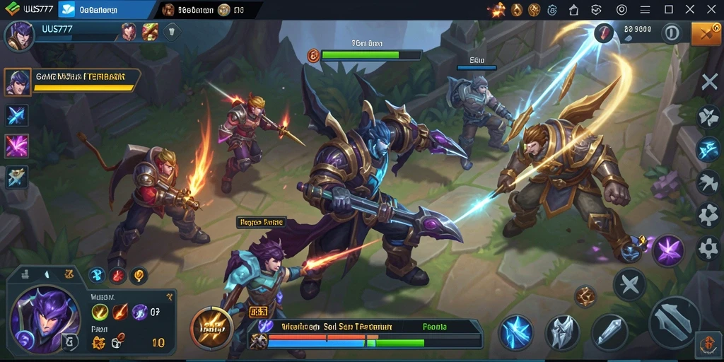 Tampilan gameplay UUS777 dengan pertarungan seru antar karakter MOBA.
